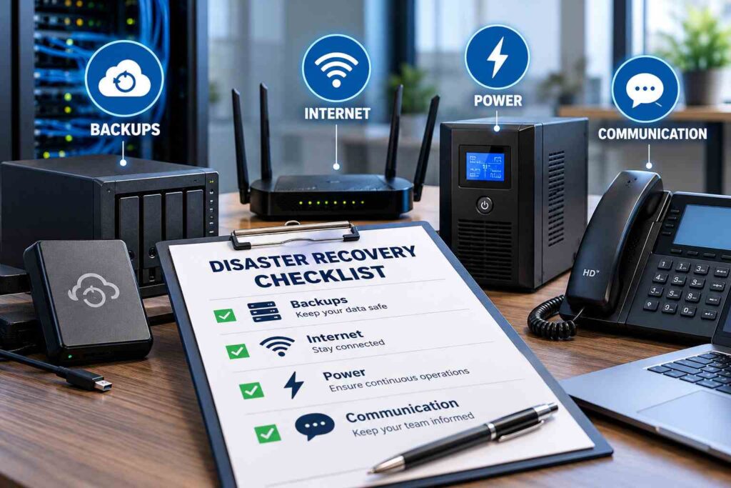 Small business disaster recovery checklist for data backup, internet connectivity, and IT security
